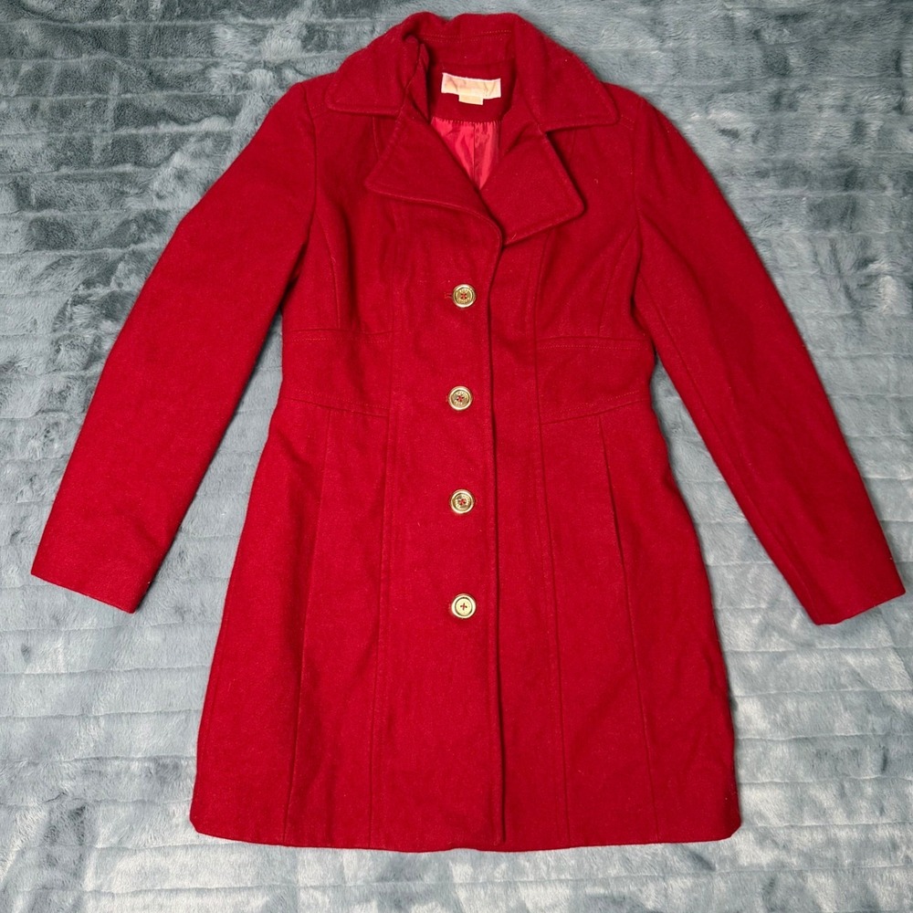 Michael Michael Kors Womens Red Wool Blend Pea Coat Gold Buttons Size 4